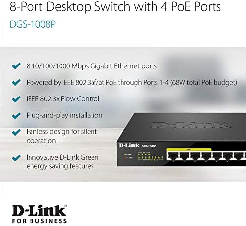 D-Link Poe Switch, 8 Port Ethernet Gigabit Switch Desktop neadministrat cu 4 porturi POE 68W Buget, negru