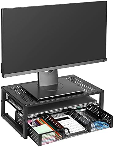 Ekisemio Metal Monitor Stand Riser și calculator birou organizator cu sertar pentru Laptop, calculator, iMac, Negru
