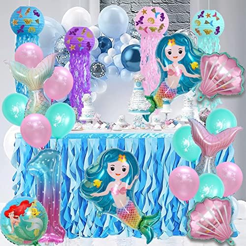 Mermaid 1st Birthday decoratiuni pentru fete, agățat meduze hârtie felinare sirena numărul 1 pește coada coajă rotund folie